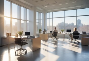 impressionistic take on a bright, airy office with wall-to-wall windows, depicted in a soft blur. - obrazy, fototapety, plakaty