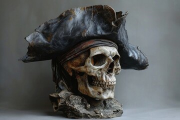 Weathered Pirate Skull With Tricorn Hat Amidst Treasure and Debris