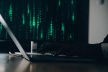 Hacker code in laptop. Cyber security, privacy or hack threat. Coder or programmer writing virus software, malware, internet attack or developing digital design. Green web data in computer screen.