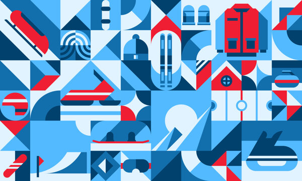 Winter sport geometric pattern background with ski, ice skates and snowboard, abstract vector. Modern or retro pattern with mosaic shapes, blue red colors of winter sports elements