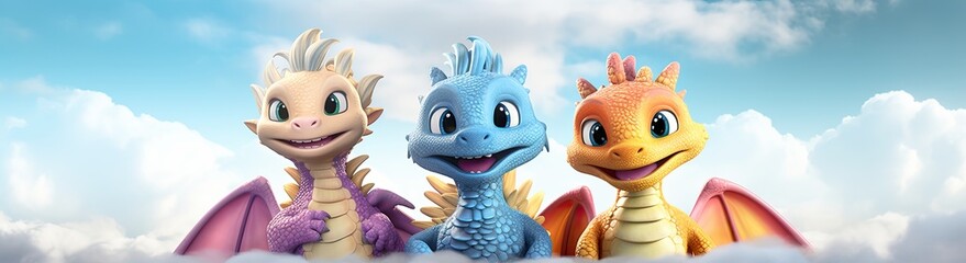 Whimsical characters of dragons and dinosaurs coming together in a cartoon, promoting the theme of friendship for children.