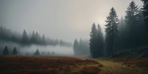 Fotobehang old-fashioned depiction of a foggy landscape with a fir forest © Sohel