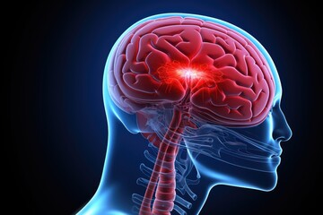 Red mind axon pain, a trigger for brain distress. A red dot signifies pain point, reflecting broken cell. Primary Headache, Migraine, Cephalalgia, interconnectedness of brain, Head pain perception