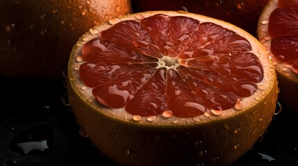 Fresh grapefruit with water splashes and drops on black background