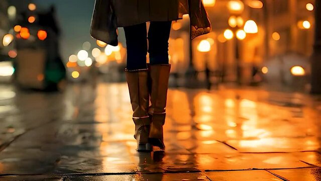 Legs of a woman walking through the city at night. Selective focus. Feet.