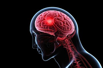 Red mind axon pain, a trigger for brain distress. A red dot signifies pain point, reflecting broken cell. Primary Headache, Migraine, Cephalalgia, interconnectedness of brain, Head pain perception