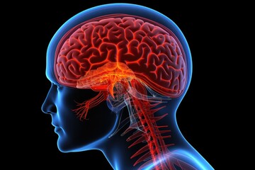Obraz premium Red mind axon pain, a trigger for brain distress. A red dot signifies pain point, reflecting broken cell. Primary Headache, Migraine, Cephalalgia, interconnectedness of brain, Head pain perception