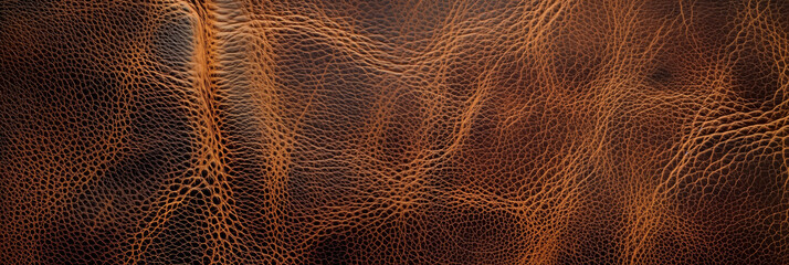 Close-up texture of brown leather material with natural patterns, suitable for backgrounds or design elements in fashion and upholstery projects - obrazy, fototapety, plakaty