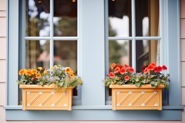 Fototapeta na wymiar closeup of diamondpane windows with flower boxes