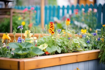 colorful flowers in elevated wooden garden bed