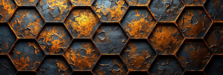 Rustic black and orange textured honeycomb pattern background, abstract geometric design, ideal for...