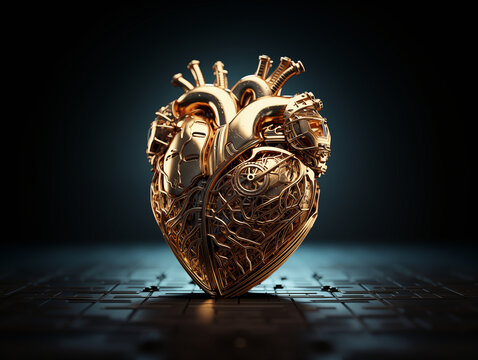 Iron heart, AI heart, robot heart, macro, ultra detail, full reflections, biomechanical heart made from gold, darkness mood background
