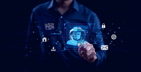 businessman holding magnifying glass with A mysterious and dangerous hacker concept