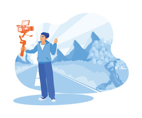 Male vlogger creates travel content in mountainous areas. The vlogger records using a professional camera during the trip. Content Creator concept. Flat vector illustration.