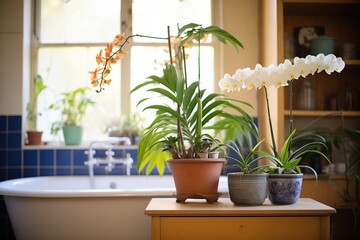 sunlit bathroom with potted ferns and orchids