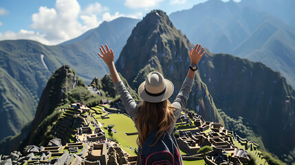 Tourists raising their hands happy to arrive at Machu Picchu, Peru, wonders of the world, world travel concept - obrazy, fototapety, plakaty