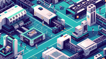 Factory floor assembly line. Workers on compact modern factory floor.
