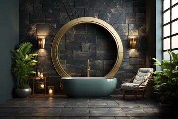 nautical hotel bathroom toilet with dark gray stone tiles and a porthole window, on an isolated navy blue background, Generative AI