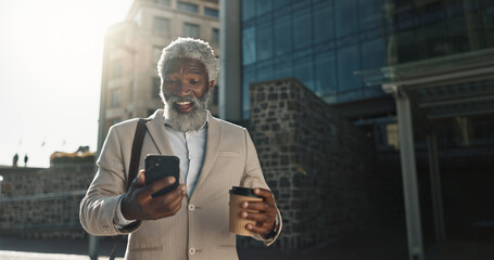 Outdoor, business and old man with a smartphone, excited and cheerful with good news, prize and social media. Senior person, employee and entrepreneur with a cellphone, city and winning with victory - obrazy, fototapety, plakaty