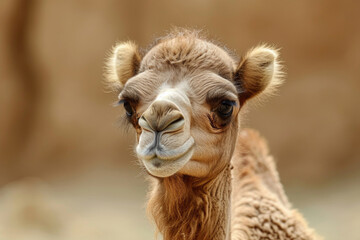 The playful expression of a baby camel, emphasizing its adorable features