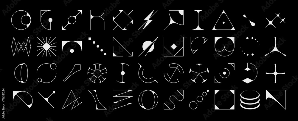 Poster Futuristic brutalism shapes and elements, abstract geometric figures, vector icons. Brutalism geometry and simple primitive figures or minimal line symbols of abstract star, sun or triangle shapes