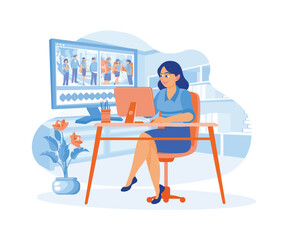 The video editor works in front of a computer with two screens. He works with videotape in a creative loft office. Video Editor concept. Flat vector illustration.