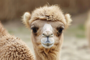 The playful expression of a baby camel, emphasizing its adorable features