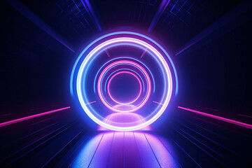 Neon Light Portal Rings Circles Tunnel Rainbow Futuristic Abstract Digital Art Illustration