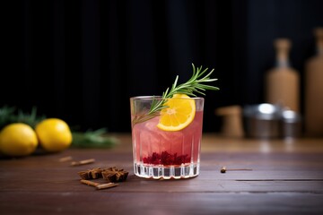 beet kvass cocktail with lemon garnish, on a bar counter with dim lighting - obrazy, fototapety, plakaty
