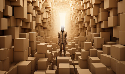 Obraz premium Humanoid standing in front of a big crowd of cardboard boxes