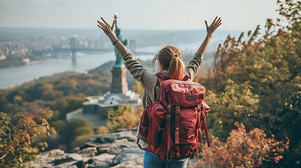 Tourists are cheering with their hands raised at various landmarks, world travel concept. - obrazy, fototapety, plakaty