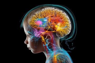 Baby, child head scan colorful little brain. Neurological notions neuronal oscillations, brain inhibition, postsynaptic potentials. Neural dynamics cognitive agility. Tay-Sachs neurological health. - obrazy, fototapety, plakaty
