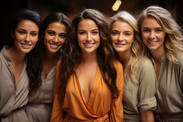 Obraz premium Five Women Smiling Together: Friendship and Happiness