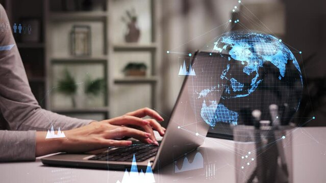 Close-up of hands typing on laptop.Online trading.VPN cybersecurity programmer, AI chatbot coding, developer engineer, online network crypto blockchain digital world metaverse technology. Big date.