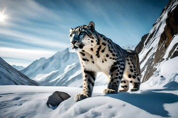 close encounter with a regal snow leopard, its spotted coat camouflaging seamlessly with the mountainous terrain, showcasing elusive beauty
