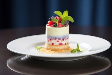 Obraz na płótnie Canvas cheesecake with mixed berry topping, mint leaf garnish