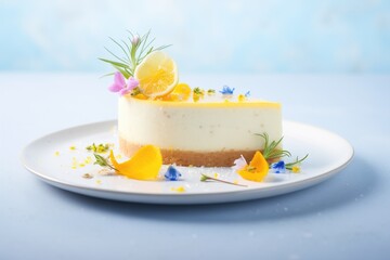 Obraz na płótnie Canvas lemon cheesecake with zest garnish on light surface