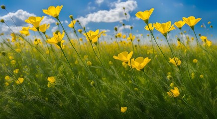 Fototapeta premium Beautiful delicate yellow flowers on a blue sky background