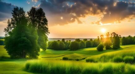 Naklejka premium nature with a meadow, trees and a lake on sunset
