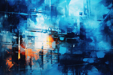 An abstract oil painting featuring rich blue tones, intricate graffiti, and a textured finish, achieved through a unique double exposure and backlight photography technique.