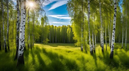Russian nature with white birches and blue sky