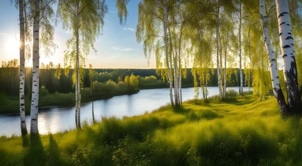 Foto op Plexiglas Russian nature with white birches, river and blue sky © barberry