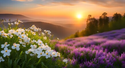 Fototapeta premium different wildflowers on a sunset background