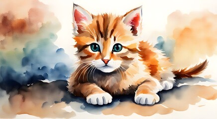 Ginger cute kitten watercolour - obrazy, fototapety, plakaty