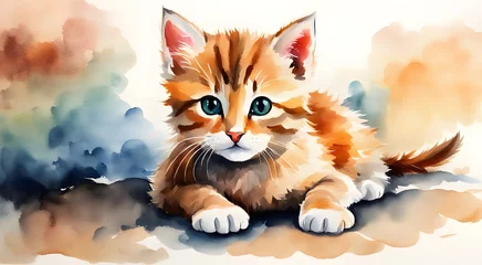 Fotobehang Ginger cute kitten watercolour © barberry