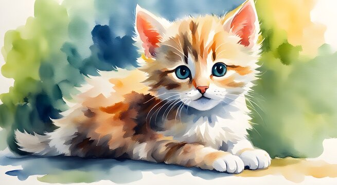 Ginger cute kitten watercolour