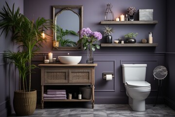 eclectic hotel bathroom toilet with dark gray stone tiles and mismatched décor, on an isolated lavender background, Generative AI - obrazy, fototapety, plakaty