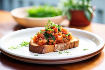 baked beans on toast with grilled tomato slice and parsley garnish