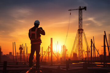 Fototapeta premium In the golden light of dusk, an engineer oversees construction work, symbolizing the blend of human innovation and natural beauty in the field of heavy industry.