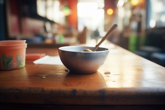 Half-eaten Bowl, Spoon Resting On It, Cozy Dining Atmosphere